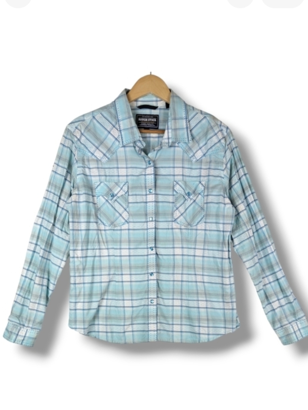 Rough‎ Stock Panhandle Pearl Snap Slim Western Shirt XL Aqua Plaid 100% Cotton